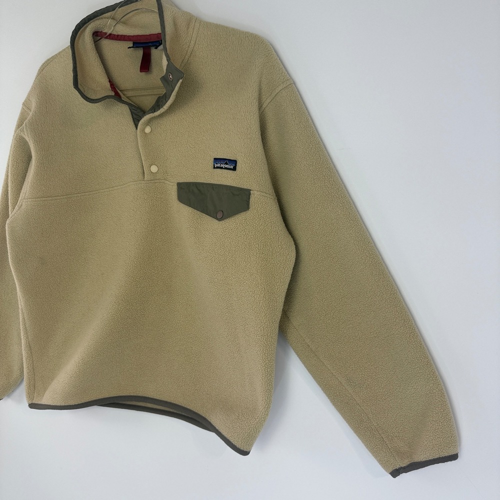 Patagonia Synchilla Snap-T Pullover Mens Small Tan Fleece Olive Green Trim 12536 - Picture 9 of 15